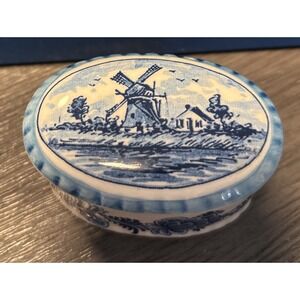 Delft Blue Ceramic Trinket Box w/Lid. Windmill. Hand PaintedBlue Colour. Holland